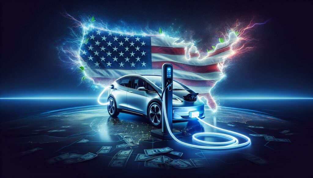 The Ultimate Guide to Bidirectional Charging Technology for Electric Vehicles An electric car in a U.S. setting shows energy beams flowing bidirectionally to illustrate charging technology benefits.