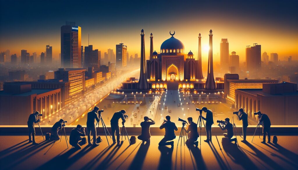 Cityscape Photography Pakistan Guide: Rooftop view of photographers capturing a stunning Pakistani cityscape at sunset.