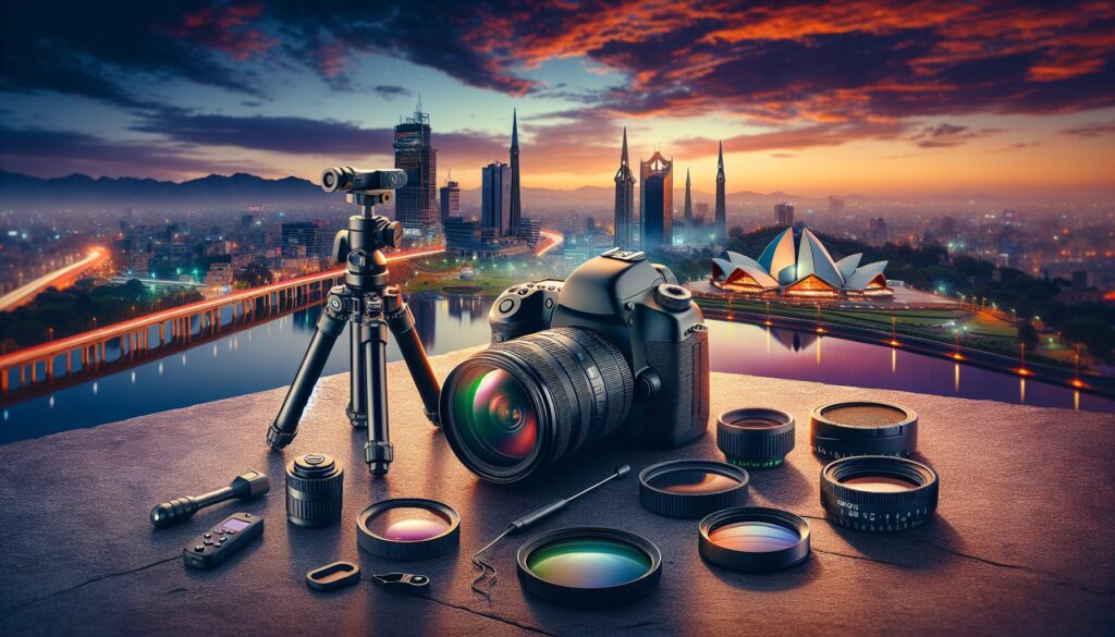 Essential gear for cityscape photography in Pakistan with DSLR, tripod, filters, remote, and twilight city backdrop.