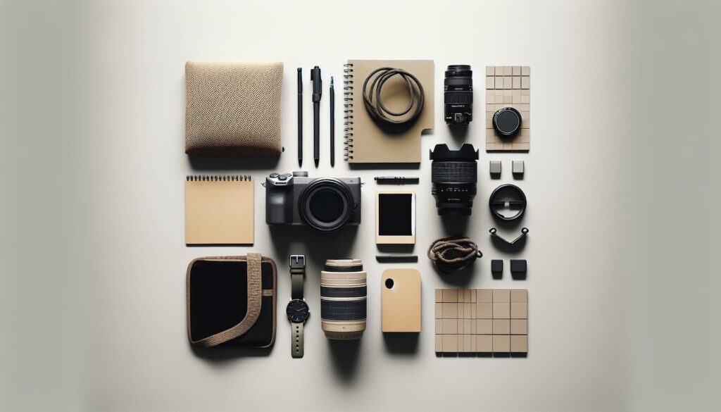 Photography gear arranged simply on a neutral background, highlighting minimalist design and essentials for minimalist photography.