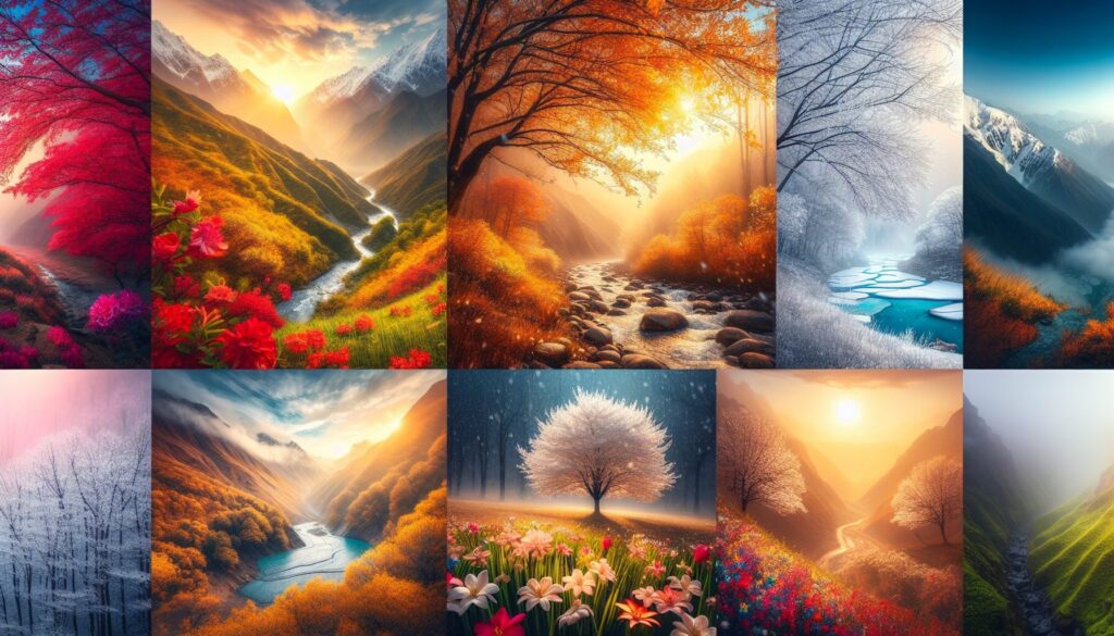 The Ultimate Guide to Photography in Pakistan The high-resolution image captures Pakistan's diverse landscapes through the vivid stages of spring, golden hues of summer, melancholy colors of autumn, and crystal white of winter, showcasing ideal photography spots with elements like changing lighting, foggy mornings, and blossoming flowers for a comprehensive photography spots Pakistan guide.