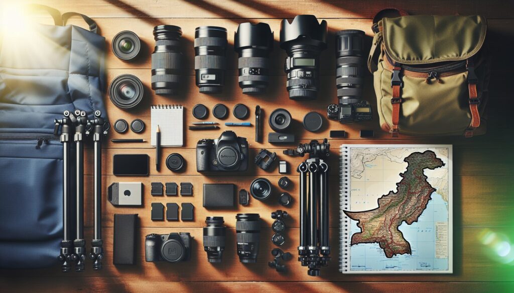 The Ultimate Guide to Photography in Pakistan Essential photography gear, including a professional camera, lenses, tripod, memory cards, and a weatherproof backpack, is thoughtfully arranged alongside a map of Pakistan, setting the scene for a 'Photography Spots Pakistan Guide' in a sunlit, inviting environment.