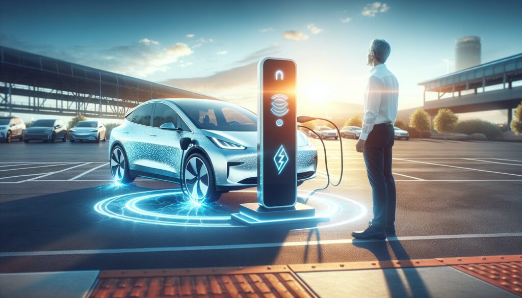 The Ultimate Guide to Wireless charging technology for electric cars Electric car wirelessly charging at a modern station, with a satisfied owner nearby under a clear daytime sky.