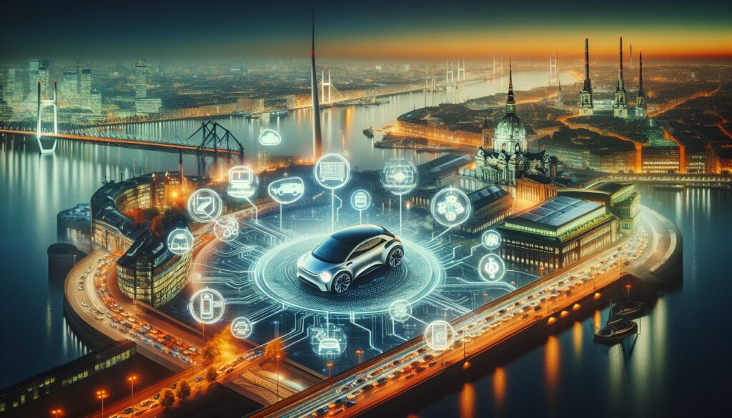 An artistic depiction of V2G technology with electric cars amidst natural scenery, showcasing a step-by-step journey.