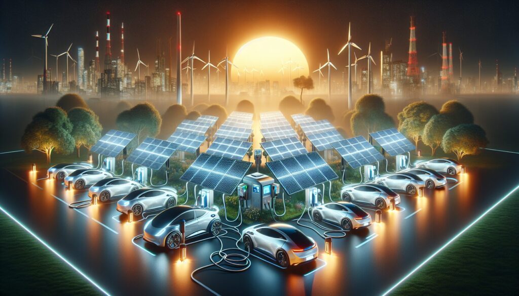 Electric cars charge via solar panels, highlighting V2G technology and sustainable energy in a beautifully composed scene.