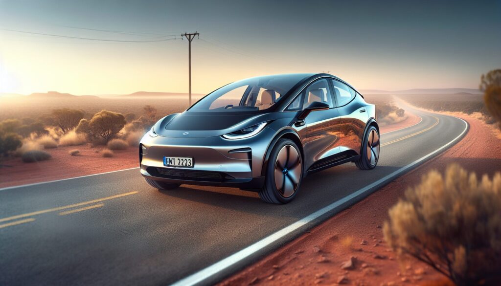 Electric car with aerodynamic mirrors on an open road in the Australian outback, showcasing technological innovation.
