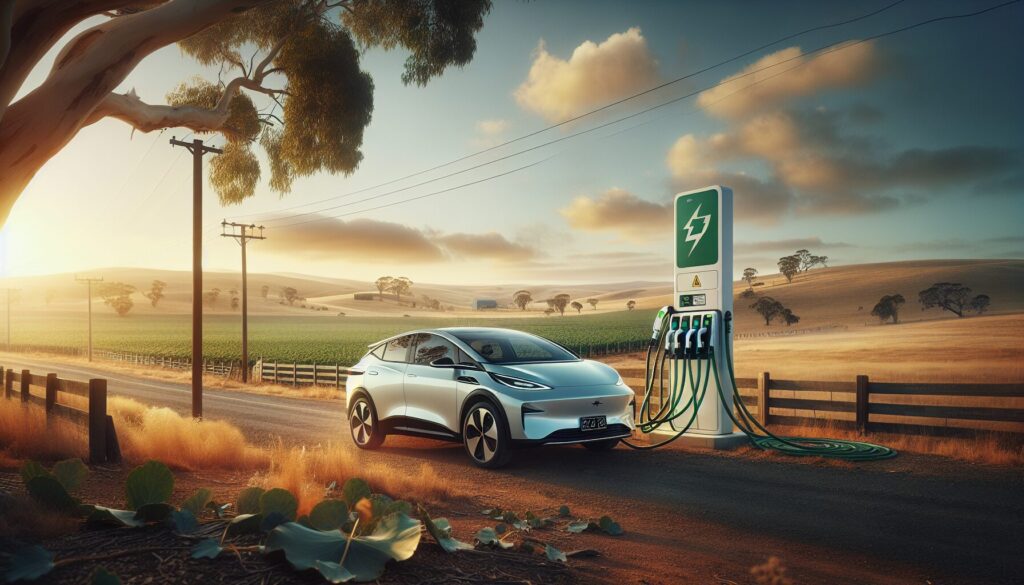 An electric car charges at a rural Australian station, blending green technology with the serene countryside landscape.