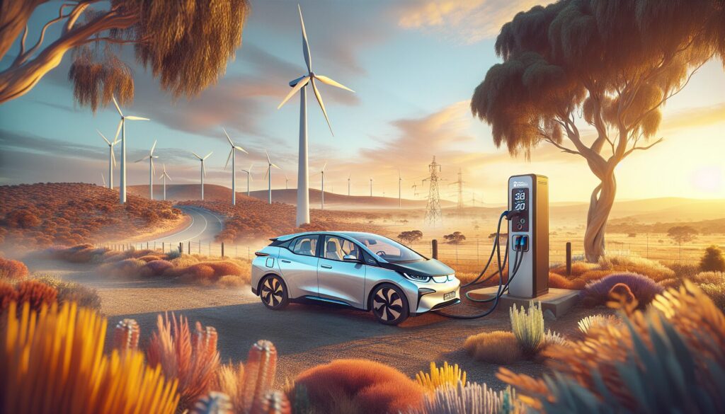 An electric car charges at a wind-powered station in rural Australia, set against a backdrop of vibrant natural landscape.