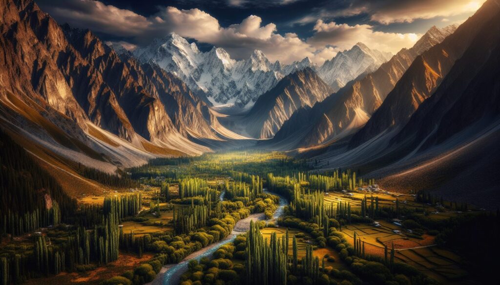 Hunza Valley's lush landscape with natural light highlighting mountains, green fields, diverse trees, and clear blue sky.