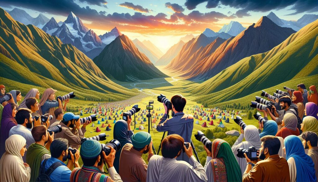 A diverse group of photographers, capturing breathtaking landscapes in Northern Pakistan's mountains and valleys at sunset, embodies the spirit of top photography workshops for skill enhancement.
