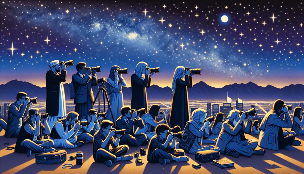 A diverse group of photographers, representing various descents and gender identities, participates in one of the top photography workshops in Pakistan, capturing the enchanting magic of stars in a detailed night sky.