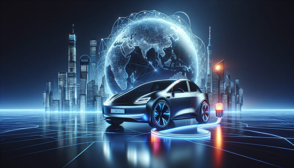 Untitled A sleek electric car parked in a modern setting with eco-friendly elements and advanced technology accents.