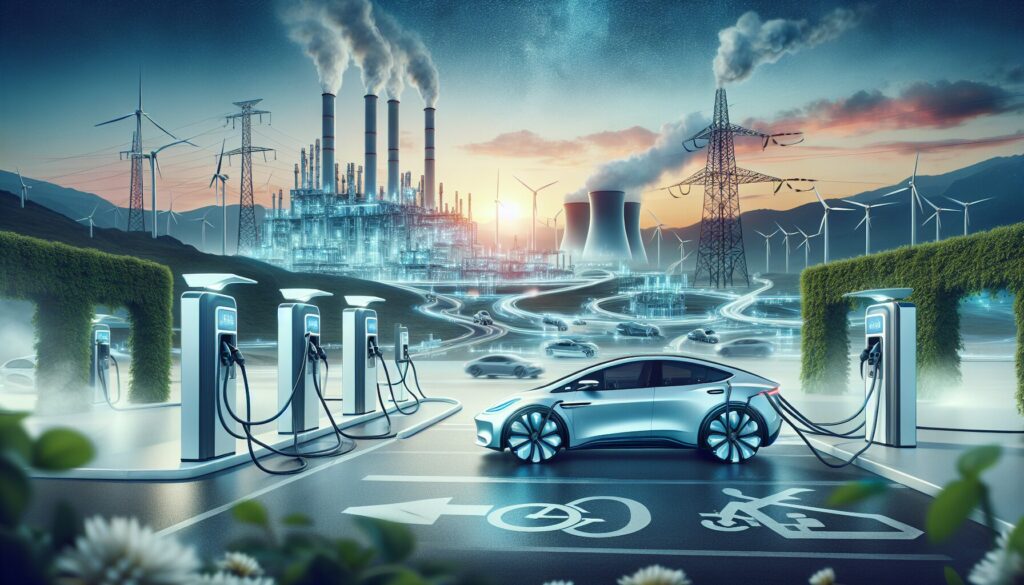Untitled An electric car at a charging station amid green surroundings, illustrating renewable energy's industrial impact.