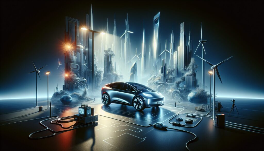 A sleek electric car glows under dynamic lighting, highlighting its modern design and environmental promise.