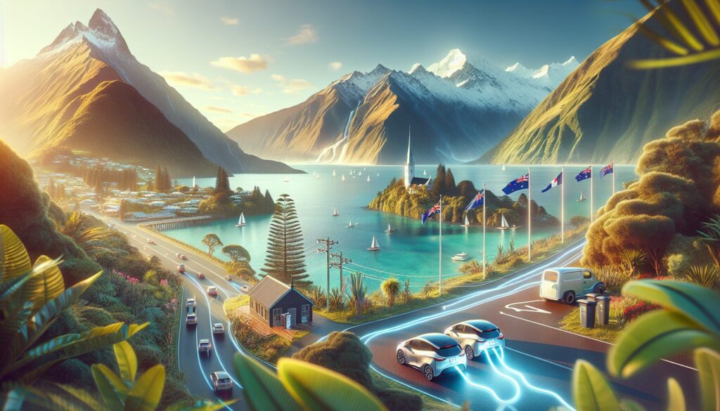 Electric vehicle technology scene with artistic lighting, capturing New Zealand's natural beauty, reflecting V2G standards.