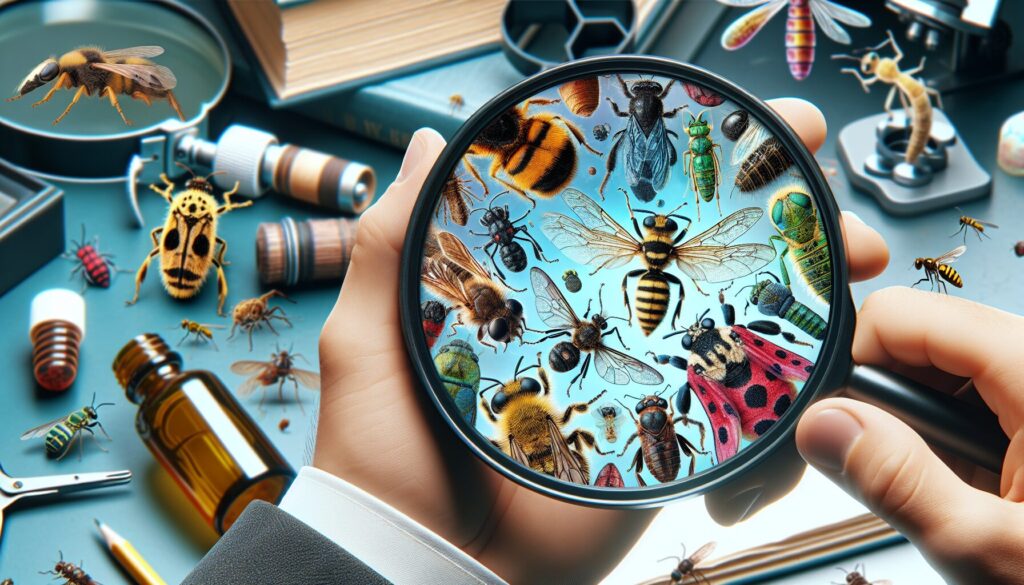 Magnified view of diverse insects showing intricate details, with scientific tools and entomology books subtly in the background.