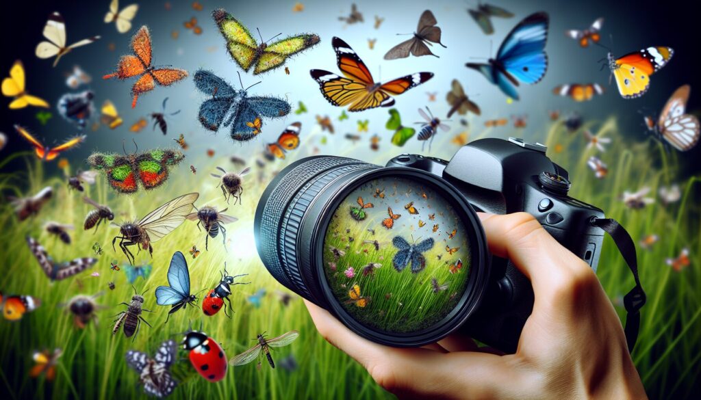 A macro lens captures a detailed scene of vibrant insects, focusing on a rare papillon farfalle butterfly in airy grasslands.