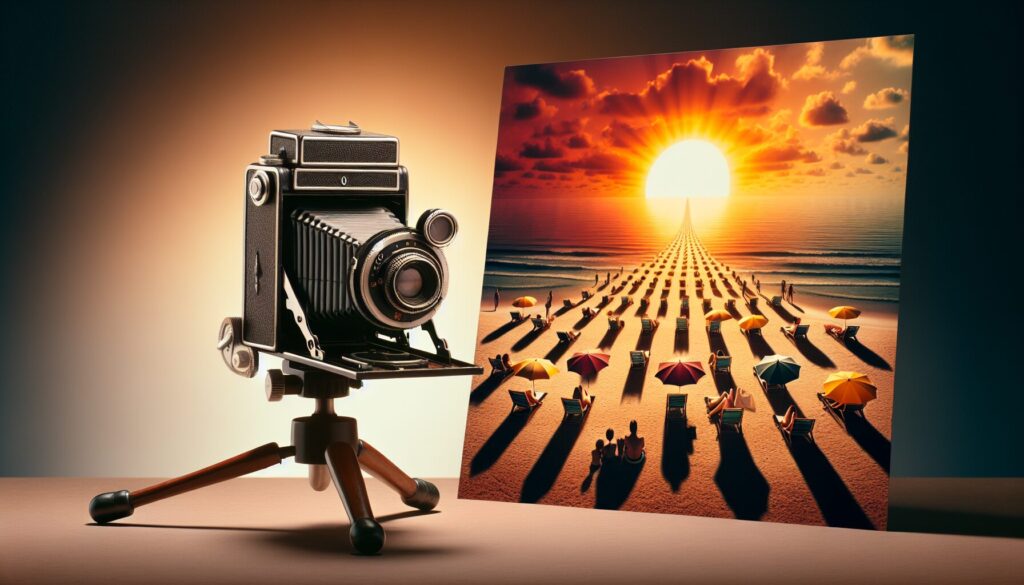 A vintage camera on a tripod captures a time-lapse of a sunrise beach transforming with diverse sunbathers as shadows shift.
